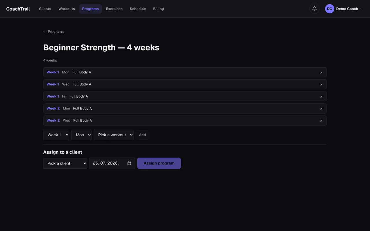A four-week program with workouts laid out per week, ready to assign to a client
